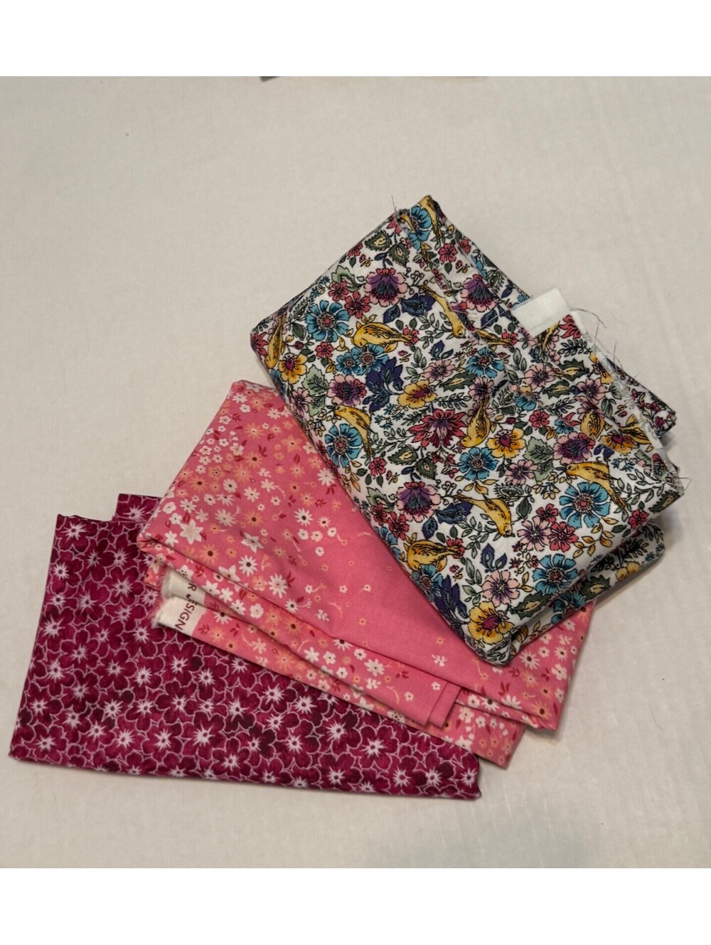 3 Piece Floral Cotton Fabric Lot, Pink, Burgundy and White Flora Bird Print